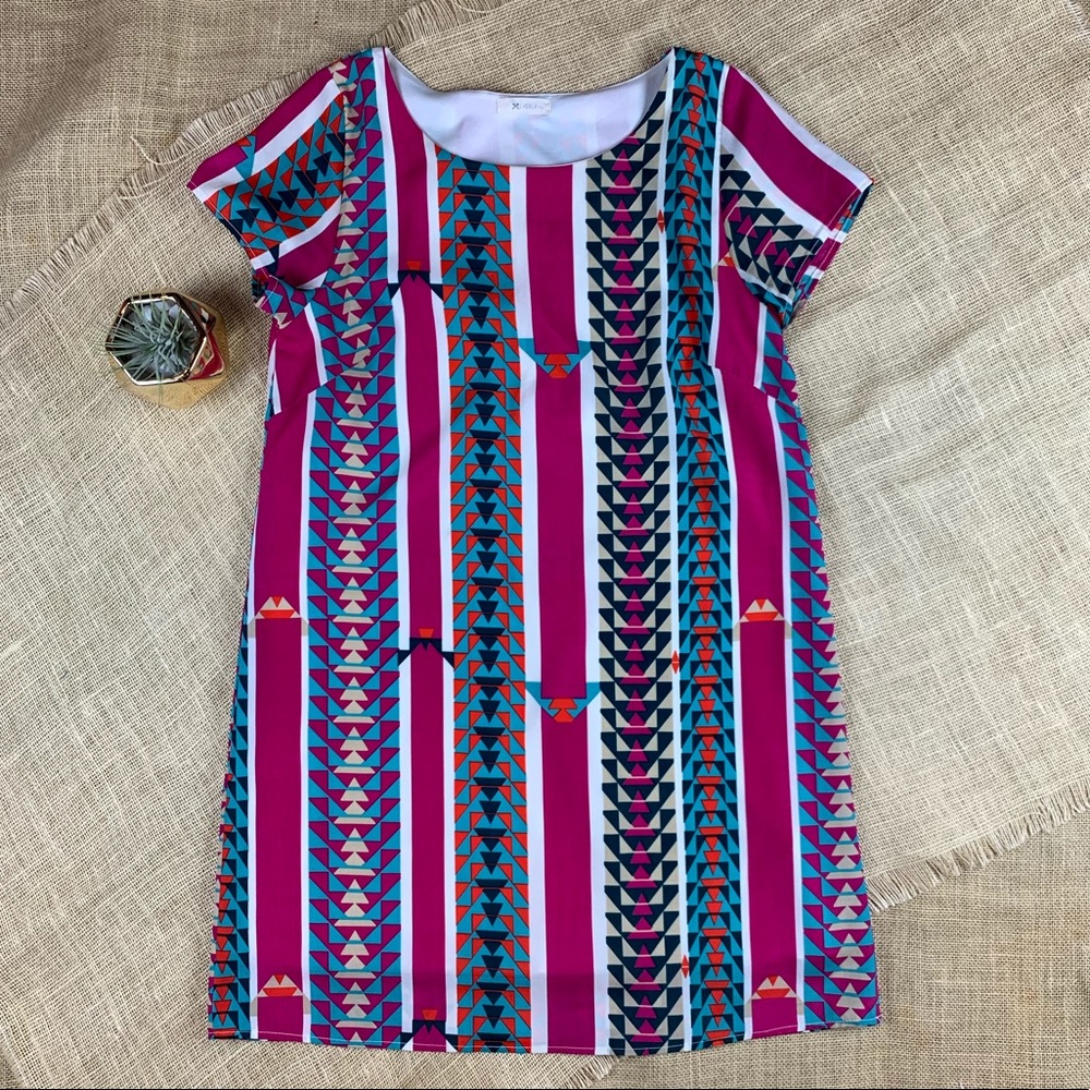 Everly Dress Womens Small Shift Pink Blue Aztec